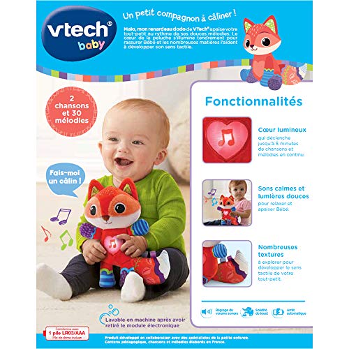 VTech - Malo, Mon Renardeau Dodo, Peluche Renard, Doudou Bébé, Musique Douce et Sons Apaisants, Lavable en Machine, Cadeau de Naissance - Contenu en Français