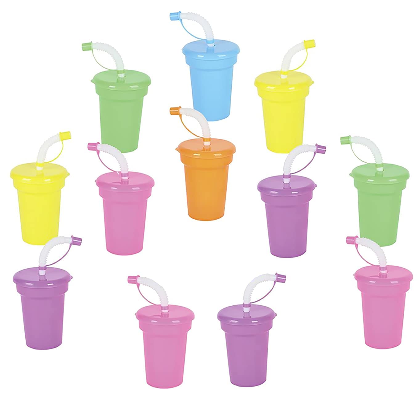 The Dreidel Company Neon Sipper Cups, Colorful Plastic Straw Cups with Lid and Straw, Party Favor 5.5" 6 OZ (12 Pack)