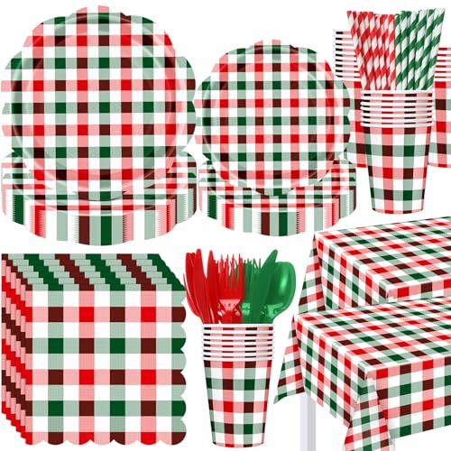 Image of Funnymoom 452 Pcs Red and Green Christmas Buffalo Plaid Party Supplies for 50, Scalloped Christmas Gingham Plaid Paper Plates Napkins Cups Tablecloth Cutlery Straws for Rustic Holiday Party Decoration