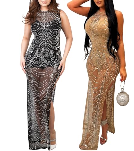 Image of Jigfar Women's Sexy Elegant Rhinestone Embellished Velvet Party Club Night Bodycon Formal Evening Maxi Dress