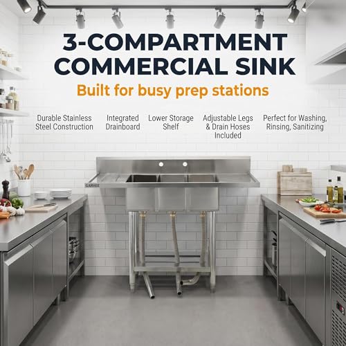 Image of Freestanding Stainless Steel Utility Sink with Hot & Cold Pull-Out Faucet, Large Capacity Laundry Sink with Storage Shelf & Drain Kit for Garage Kitchen Backyard Commercial Use