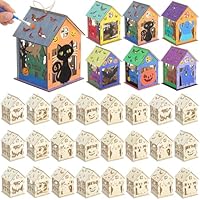 DoubleFill 24 Set Halloween Bird House Kits, Buildable DIY Birdhouse for Children, Wooden House, Arts and Crafts Set for Kids Adults Painting Halloween Party Decoration