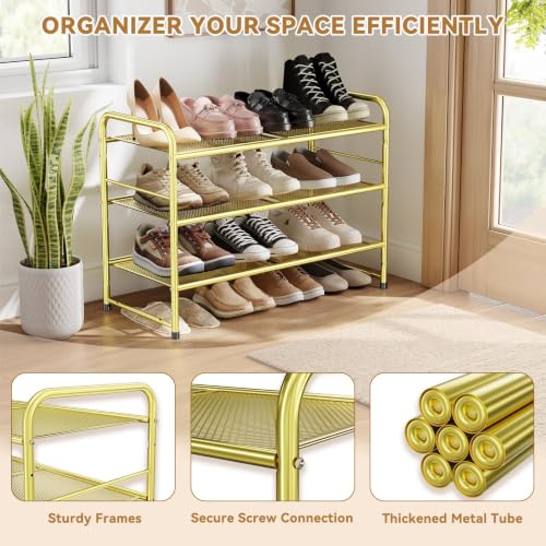 Image of Modern Shoe Rack, 3 Tier Heavy Duty Metal Mesh Shoe Shelf 27 Inch Wide, Gold