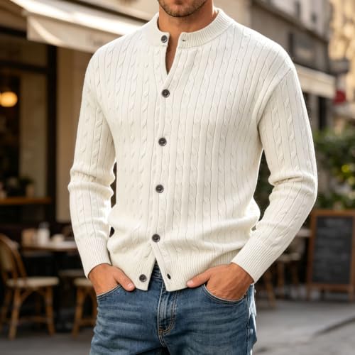 GOSEAGOTOFUN Knitted Sweater for Men Stand Collar Casual Long Sleeve Button Down Cardigan Lightweight Fashion Fall Outerwear White Medium - image 3