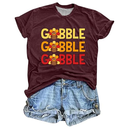 Camiseta de Acción de Gracias para Mujer con Mensaje 'Gobble' – Divertida parte superior con diseño de pavo para el Día de Acción de Gracias | Camiseta informal de otoño, Style_c01 Vino Rojo, S