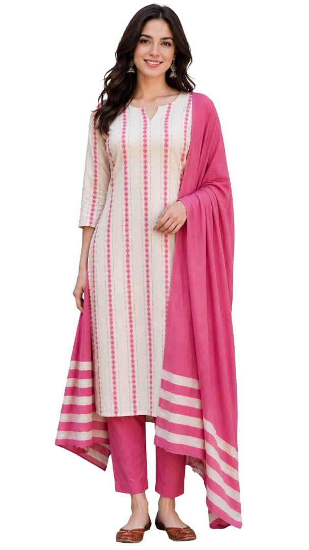 dsk studio Women's Pure Cotton Woven Stripe Kurta Pant with Dupatta Set-picture-51
