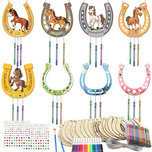 gisgfim 16 Pack Horse Crafts for Kids Wind Chime Kits Make Your Own Horseshoe Wind Chime Ornament Unfinished Wooden DIY Coloring Horse Art Craft for School Home Hanging Decor Birthday Supply Favor