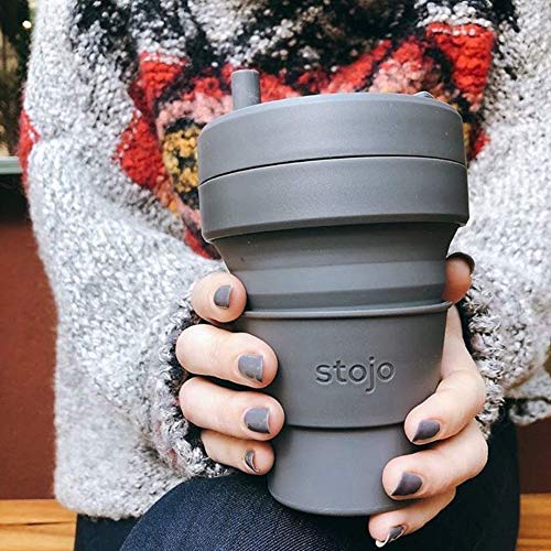 Stojo Collapsible Coffee Cup | Reusable To Go Extra Large Travel Cup – Carbon Gray, 24oz / 710ml | With Straw