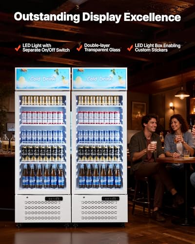 Image of VEVOR Commercial Merchandiser Refrigerator, 9.6 Cu.Ft / 273 L Glass Door Display Refrigerator, Upright Beverage Cooler with Customizable Lightbox, 4 Adjustable Shelves & Soft LED Light for Homes Shops