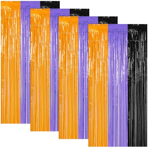 4 Pack Orange Purple Black Foil Fringe Curtains, Halloween Decorations