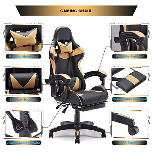 Image of Tegan Gaming Chair Office Adjustable Seat Height High Back PU Leather Ergonomic Chair E-Sports with Lumbar Support Retractable Foot Rest (Black and Golden) Gaming Chair with Lumber Massager