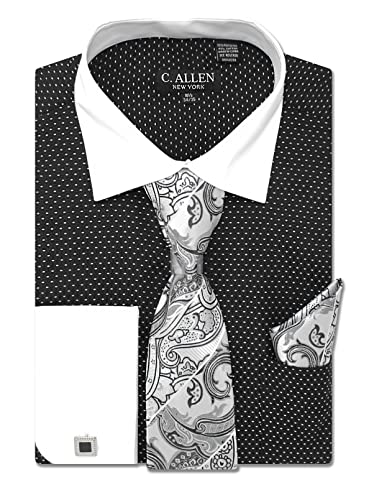 C. Allen Men's Pin Dot Pattern Regular Fit French Cuffs Dress Shirts with Tie Hanky Cufflinks Combo