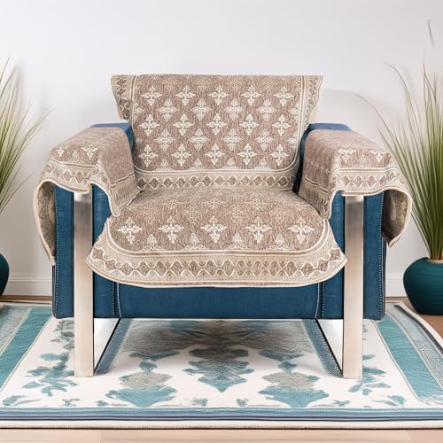 Image of Premium Chenille Woven Anti-Slip 1 Seater Sofa Cover with Arm Rest | L-Shape Sofa Seat Protector for Living Room | Durable & Stylish Slipcover - Copper Brown - Floral