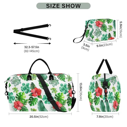Succulents Monstera Leaves White Travel Duffel Bag for Men Women with Makeup Bag Weekend Overnight Carry On Bags for Getaway Weekend Travel3