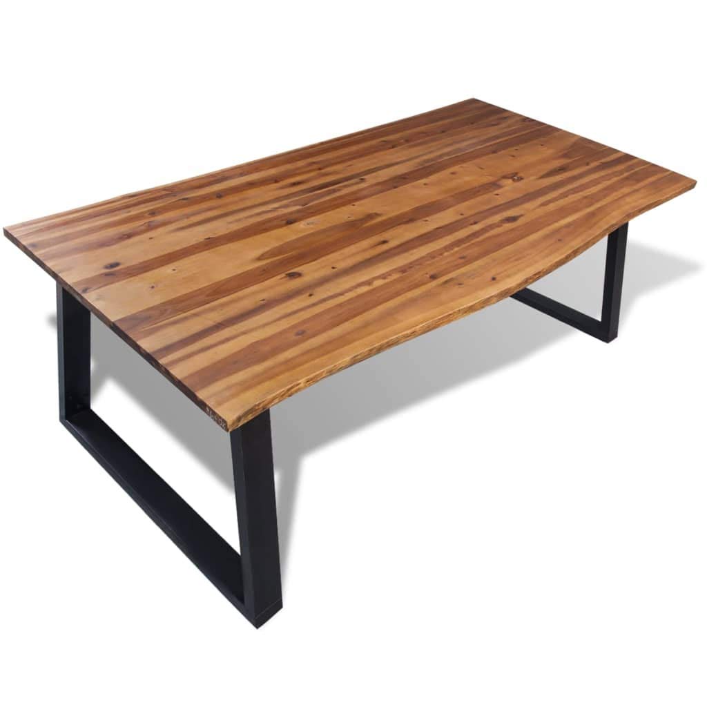 Tavolo da pranzo in legno di acacia massiccio, 200 x 90 cm, con gambe in metallo a forma di U e bordo naturale, per sala da pranzo, tavolo in acacia