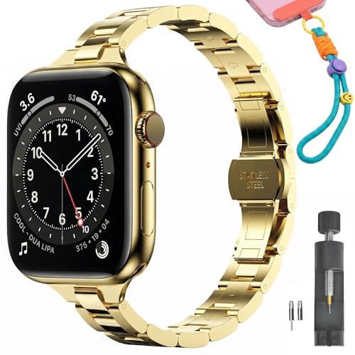 Image of Slim Stainless Band for Apple Watch Series 11-1 /SE, Ultra 3-1 | Compatible with 49 /46 /45 /44 /42 /41 /40 /38mm, Jewelry Office Dressy Metal iWatch Strap for Women, Lightweight Two-tone Bracelet