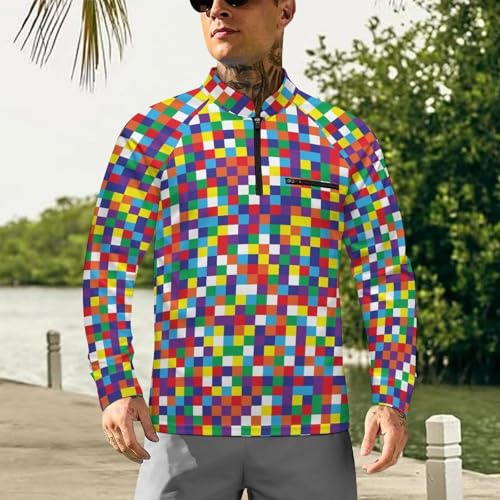Mens Long Sleeve Mesh Fishing Shirts Rainbow Color of Checkerboard Rash Guard Fishing Tshirt Sun Protection Tee2