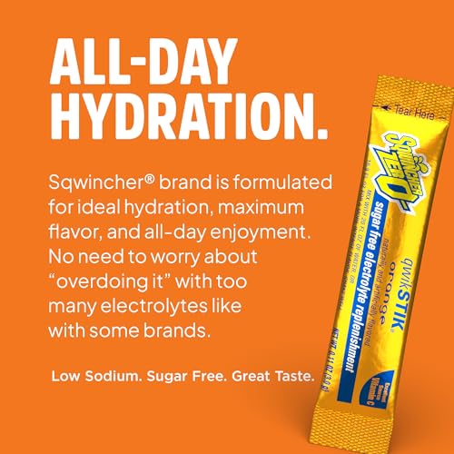 Image of Sqwincher Zero Qwik Stik, Orange, Sugar Free, Low Calorie, Sodium Electrolyte Powder Hydration Drink Mix, .11 0z Packet (Pack of 50)