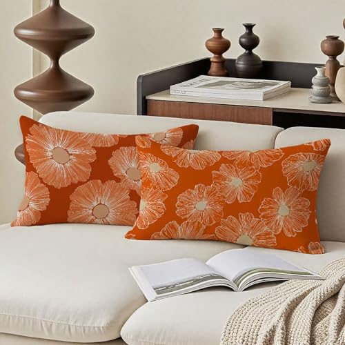 Housse de coussin extérieur imperméable velours fleur orange brûlée 60x120cm - 3