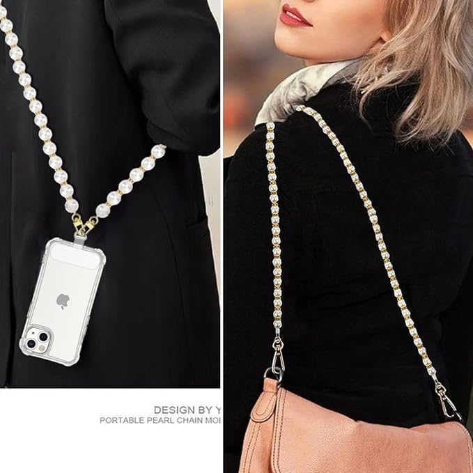 Image of KHOLAD White Bow Phone Chain Crossbody Pearl Strap | 2in1 Wrist & Shouler Crossbody Lanyard | Pearl Beads Charms Chain with Phone Tether Patches | Compatible with Most Phones, Bag, Purse