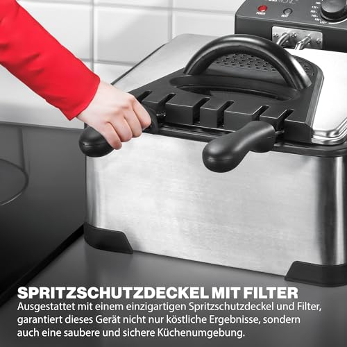 Clatronic® Doppel-Fritteuse | 2 Frittierkörbe & 1 großer Frittierkorb | Kapazität für 4L Öl/Fett |Stufenlos regelbarer Thermostat bis 190° C | 2 Kontrollleuchten | Spritzschutzdeckel | 2000W | FR 3195 – Bild 7