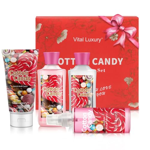 Vital Luxury Bath and Body Gift Set Cotton Candy 3 Fl Oz 4-Piece Spa Collection with Body Lotion Shower Gel Body Cream Travel Size Spa Set Body Care kit for Birthday Mothers Day Chirstmas Gifts