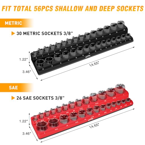 Image of GOOACC 3 /8 inch Magnetic Socket Organizer, 2 Pieces Metric & SAE Socket Drive Holders 3 /8 inch Socket Organizer Tray Holds 56 Standard Sockets for Toolboxes