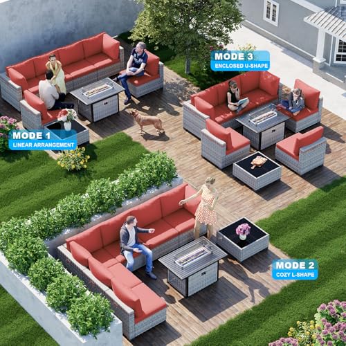 Image of Outdoor PE Wicker Rattan Modular Patio Sectional Sofa Set | 8-Piece: 6 Modular Seats, Coffee Table & 55,000 BTU Fire Pit Table, Red