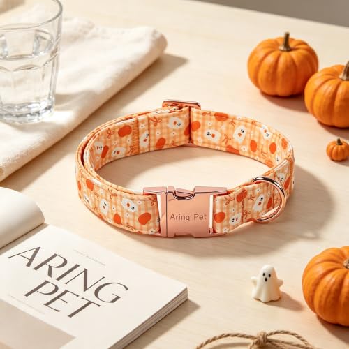 Image of ARING PET Halloween Dog Collar, Cute Autumn Orange Pumpkin Ghost Heavy Duty Doggy Collars for Puppy Small Medium Large Boy Girl Dogs-S