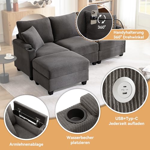 Arhatreya 3 Sitzer L-förmiges Sofa Gästesofa Modern Couch mit 2 Kissen, 3er Sitzsofa mit Getränkehalter Fußhocker und Getränkehalter, Ecksofa für Wohnzimmer, Schlafzimmer, Buros, Cordstoff, Grau – Bild 6