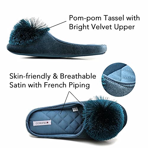 Corifei Women's Pom Velvet House Slippers Bedroom Slip-On Soft Fleece Satin Upper Non-Slip Lightweight Indoor Outdoor Bridesmaid #TOP3