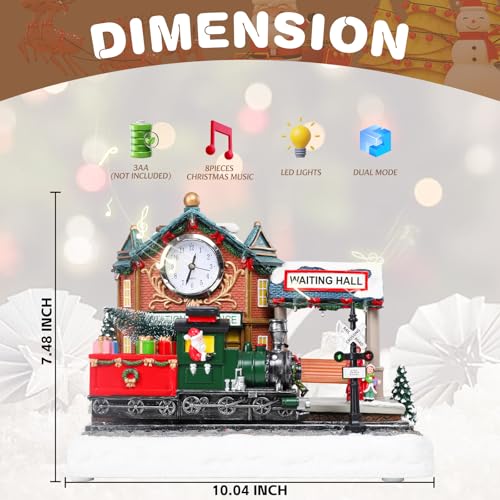 Vipush Christmas Village House Decorations Resin Railway Station Platform Home Decor Indoor Building Figurines Revolving Train with LED Light and 8 Christmas Music for Kids - Image 4