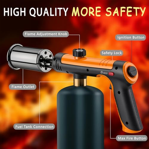 Image of Powerful Propane Torch Gun, Kitchen Torch With Adjustable Flame, Flamethrower Blow Torch for BBQ, Campfire, Searing Steak, Camping (Propane Tank Not Included) -Orange