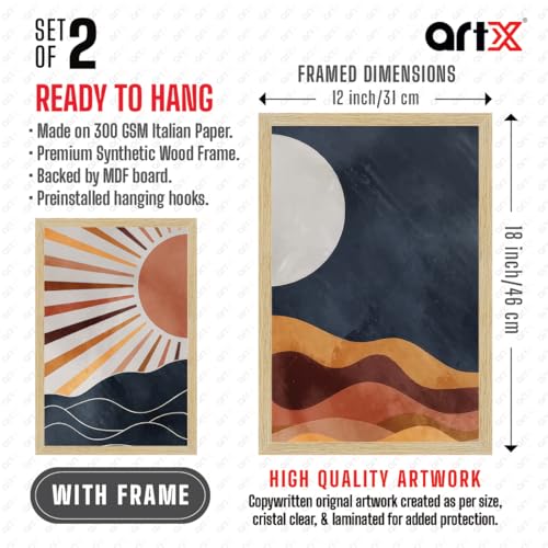 Image of ArtX Paper Boho Art Paintings with Frame for Home Decor, Abstract Wall Painting for Living Room, Multicolor, Natural Wood Color Frames, 12.0 x 18.0 inch, Set of 2