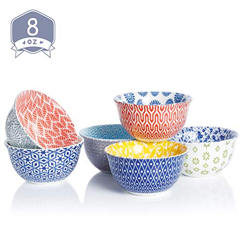 Amazingware Porcelain Bouillon Cups - 8 Ounce Dessert Bowls, Set of 6, Assorted