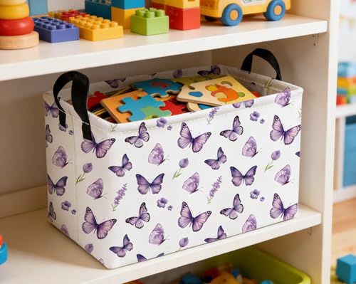 Image of Essme Rectangular Kids Baskets,Butterfly Storage Box,Cute Basket for Kids with Handles for Room Decor, Book Bins.(Purple butterfly)