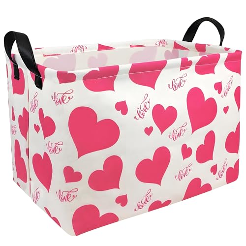 Image of Pink Valentines Day Basket for Kids Heart Shaped Storage Box for Gifts Empty Fabric Storage Bins Rectangular Toy Organizer with Handles Room Decor (Large Love)