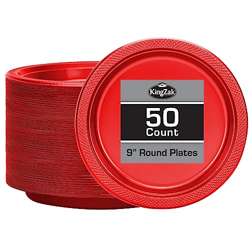 Hanna K. Signature Collection Red Plastic Plates, 9‑Inch Round, 50 Count – Disposable Heavy‑Duty Dinner Party Plates for Weddings, BBQs & Birthdays