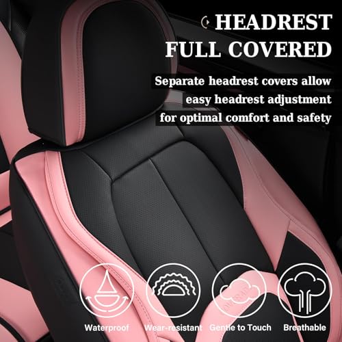 Image of Coverado Car Seat Covers Full Set, Waterproof Nappa Leather Seat Covers for Car, Car Seat Protector with Lumbar Support, Automotive Seat Covers Universal Fit for Most Cars SUV Trucks, (Black&Pink)