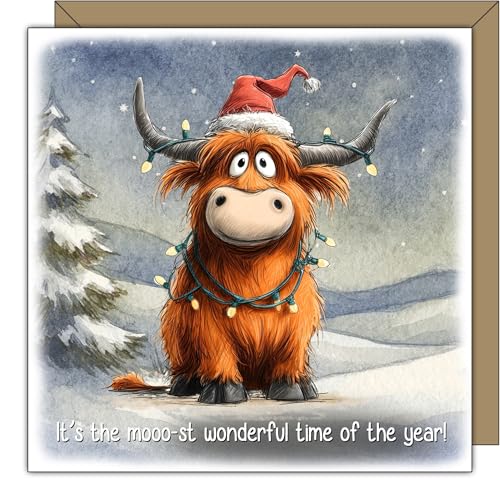 Funny Highland Cow Christmas Card – "Moo-st Wonderful Time of the Year" Festive Xmas Card