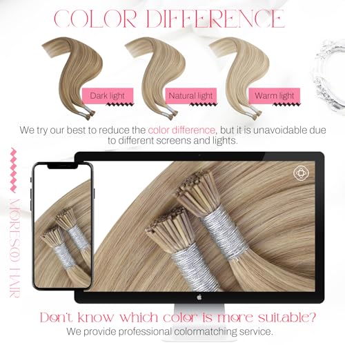 Image of Moresoo I Tip Hair Extensions Human Hair, Golden Ash Blonde, 14 Inch | 40g 50 strands, lightweight wear, golden ash blend, fine hair, natural fullness, reusable I tip installation