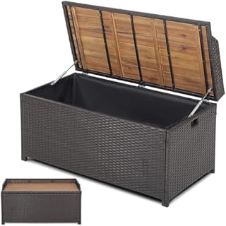 GiantexUK 170L Garden Storage Box, Waterproof PE Rattan Outdoor Storage Bench with Acacia Wood Sit-on Lid, Zippered Liner & Gas Struts, Utility Chest Container for Patio Poolside Cushions Tools Toys