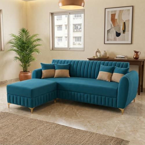 Image of CASASTYLE Signature Velour 4-Seater L-Shape Sofa Set with Movable Ottoman | Flexible LHS /RHS Layout | Boston Matte Fabric | 40D Foam + Zigzag Spring | 3-Yr Warranty (Ocean Blue)