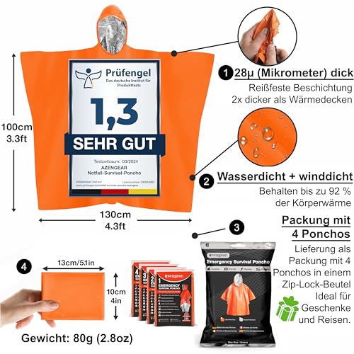aZengear Notfall-Survival-Poncho (4 Stück) Thermo-Mylar-Folienbeschichtung Decke für Wärmehaltung und Regen | wendbar mit Kapuze | wasserdicht, Winddicht, tragbar, freihändig, Outdoor-Kit – Bild 3