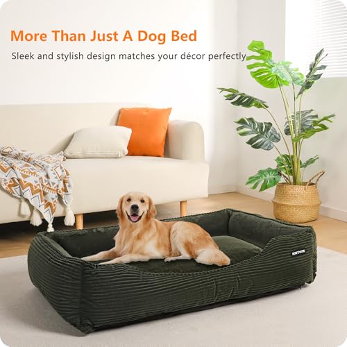 HMTOPE Hundebett, Hundesofa, Hundematte aus Cord, S/M/L, rutschfest, Abnehmbar und Waschbar, Weich und Atmungsaktiv, Olivgrün, 110 x 85 x 27 cm