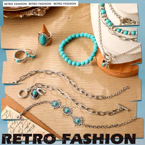 Image of Ecally Bohemian Western Jewelry Turquoise Set Women Country Pendant Long Choker Layered Bracelets Earrings Ring for Women