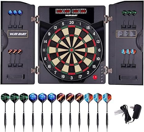WIN.MAX Electronic Dart Board LED Electric Digital Dart Boards for Adults with Cabinet with 12 Soft Tip Dartboard Set