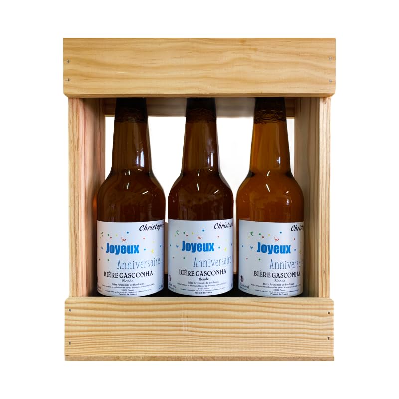 Coffret biere BRASSERIE GASCONHA + Caisse bois - Coffret degustation biere avec etiquette bouteille personnalisable pour prénom, logo, message… [ Coffret de biere a offrir ] (Blonde, 3x33 CL)