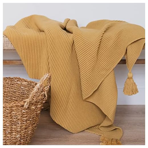 Lumi Living 100% Soft Cotton Textured Raised Stripes Rib Knit Throw Blanket with Tassels (Muted Mustard Yellow)