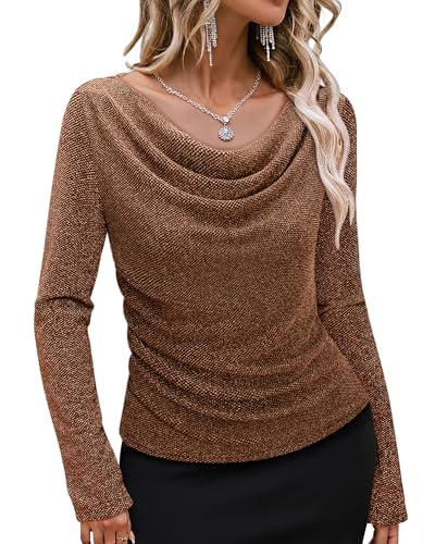 Bebonnie Women's Cowl Neck Long Sleeve Stretchy Sequin Tops Glitter Evening Cocktail Party Slimming Shirts